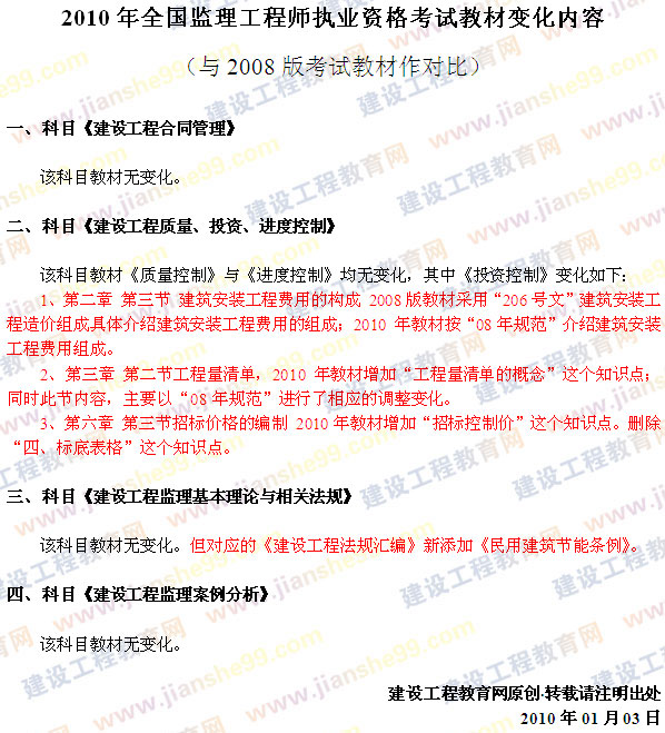 2010年全國監(jiān)理工程師執(zhí)業(yè)資格考試教材變化內容