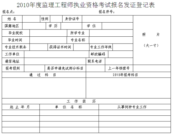 2010年度監(jiān)理工程師執(zhí)業(yè)資格考試報(bào)名發(fā)證登記表