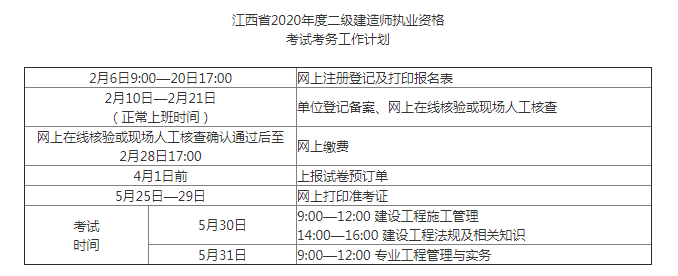 江西2020年二級建造師考試安排